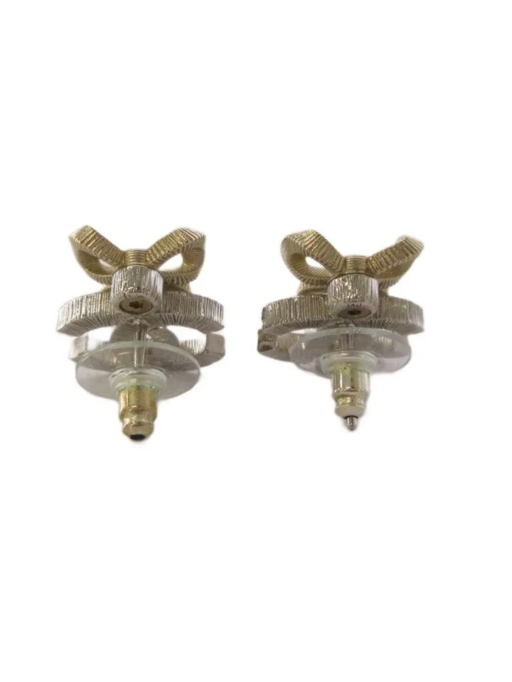 Chanel 24k CC Logo Ribbon Earrings Silver Color Gold KH